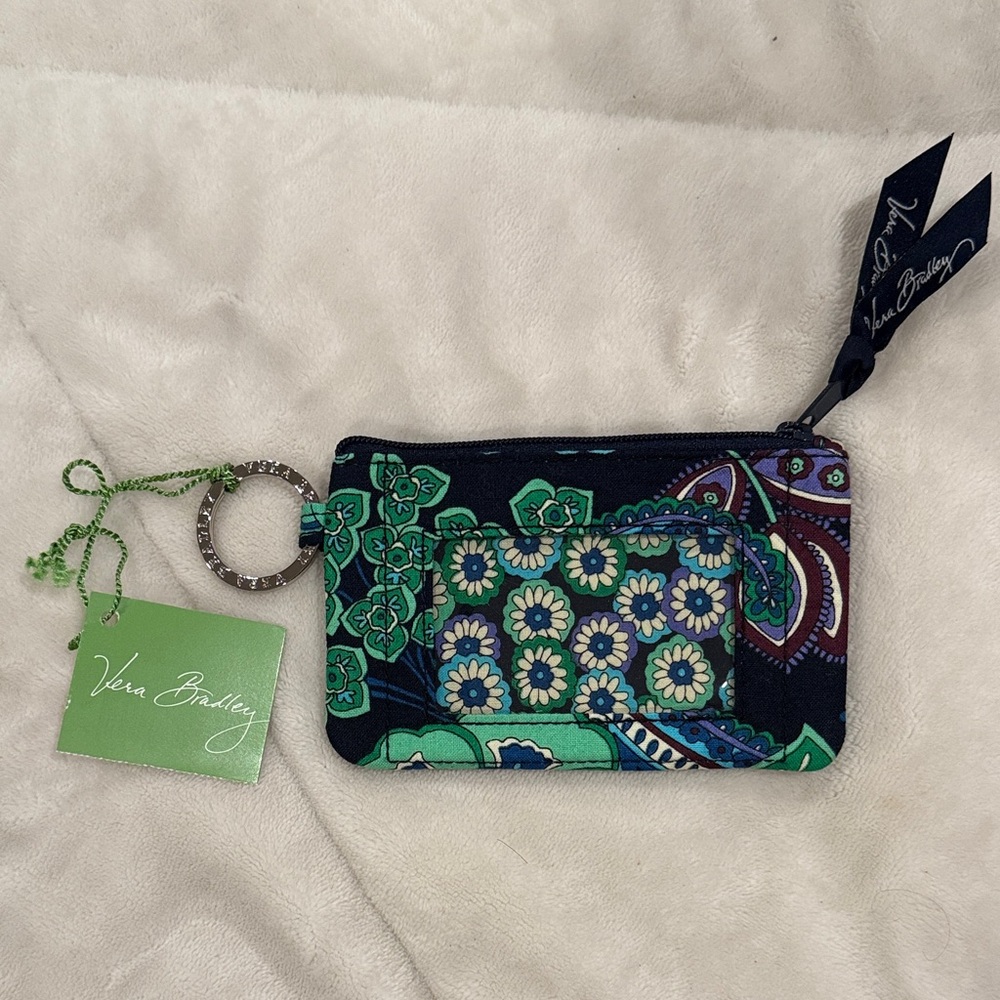 Vera Bradley Black & Green Floral Key Ring ID Zipper Pouch Card Holder NWT